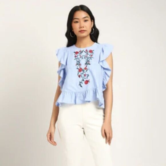 Zara Lightweight Cotton Floral Embroidered/Beaded Ruffle Top in Light Blue - Picture 2 of 9